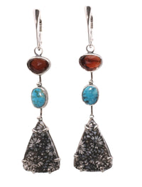FOSSILIZED CORAL, TURQUOISE AND GARNET EARRINGS