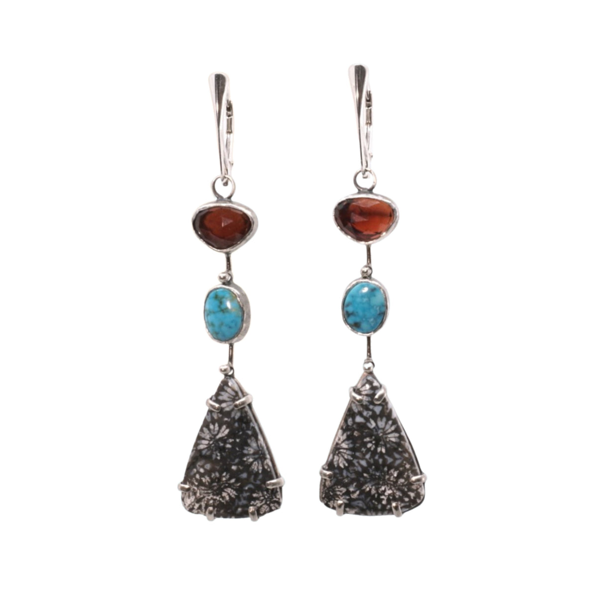 FOSSILIZED CORAL, TURQUOISE AND GARNET EARRINGS