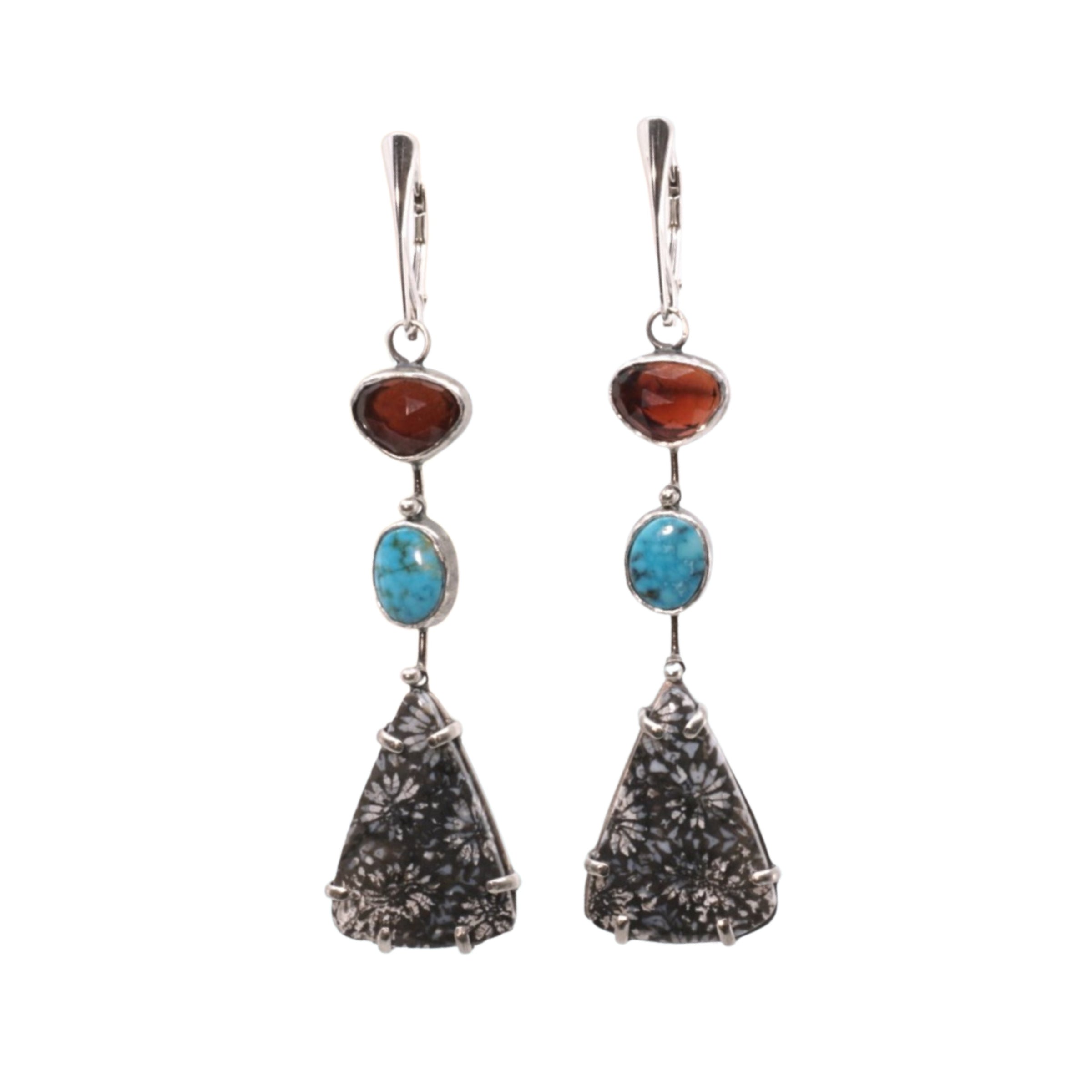 FOSSILIZED CORAL, TURQUOISE AND GARNET EARRINGS