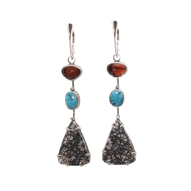FOSSILIZED CORAL, TURQUOISE AND GARNET EARRINGS