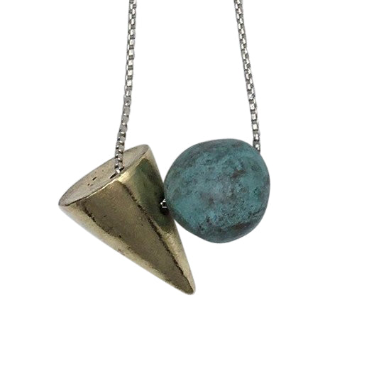NECKLACE - POLISHED BRASS CONE / BLUE COPPER BALL
