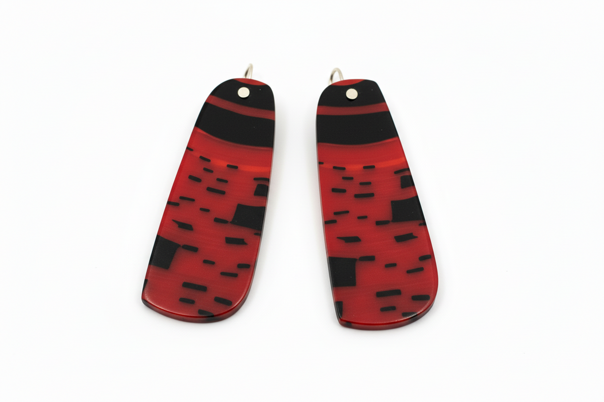 CARVED LONG DANGLE EARRINGS - RED AND BLACK