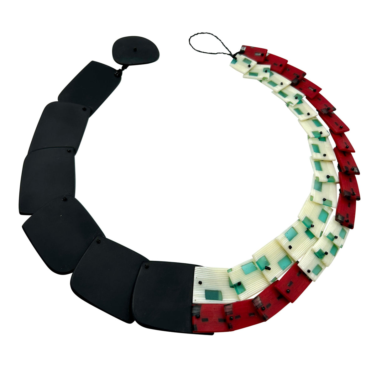 CARVED NECKLACE WITH MULTIPLE STRAND RECTANGLES- TURQUOISE, IVORY, RED, BLACK