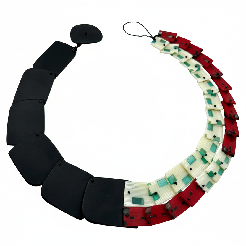 CARVED NECKLACE WITH MULTIPLE STRAND RECTANGLES- TURQUOISE, IVORY, RED, BLACK